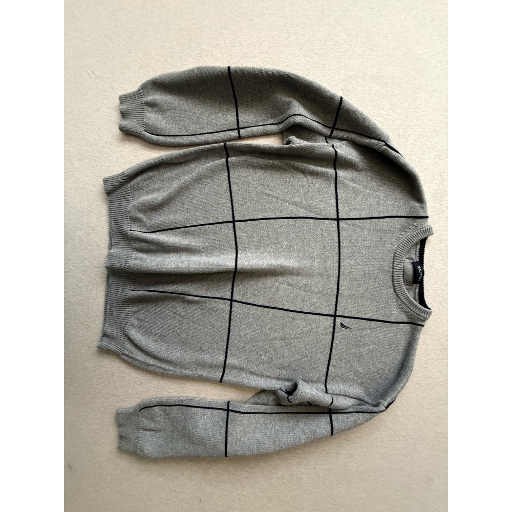 Nautica Mens Grey Windowpane Grid Cotton Blend Crewneck Sweater Size M